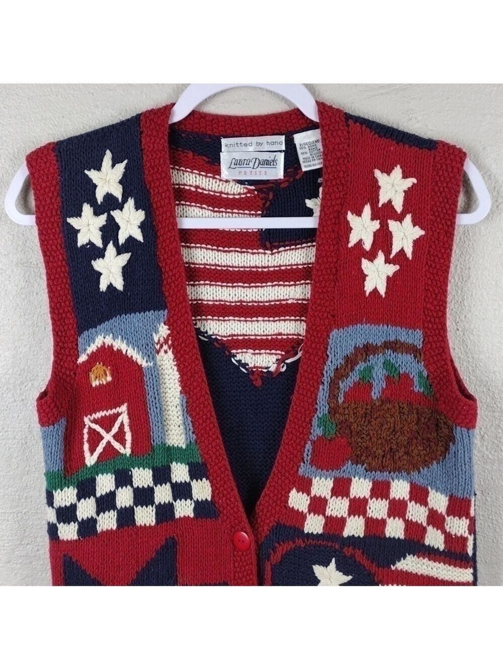 Laura Daniels Knitted By Hand Sleeveless Button Front Patriotic Sweater Vest - Picture 2 of 10